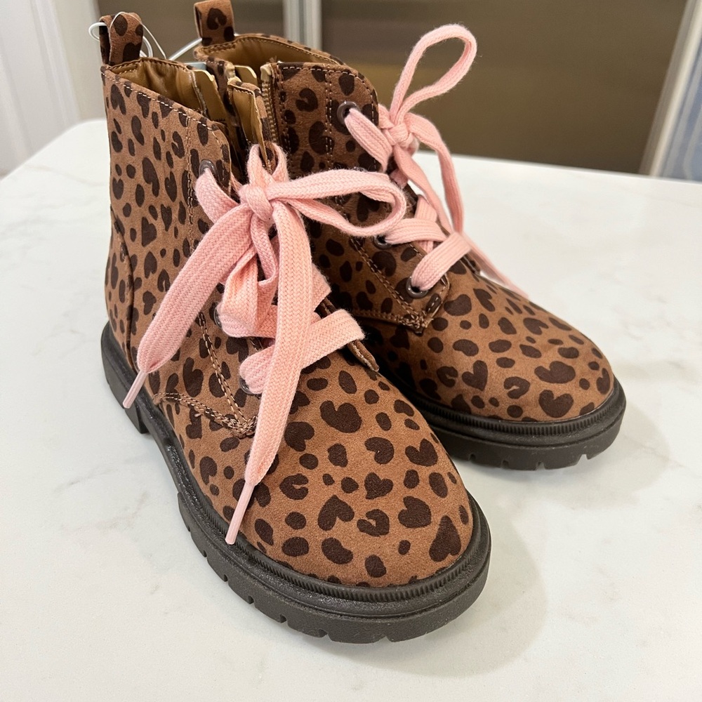 Cat & Jack Brown Leopard Print Lace-Up Boots with Pink Laces